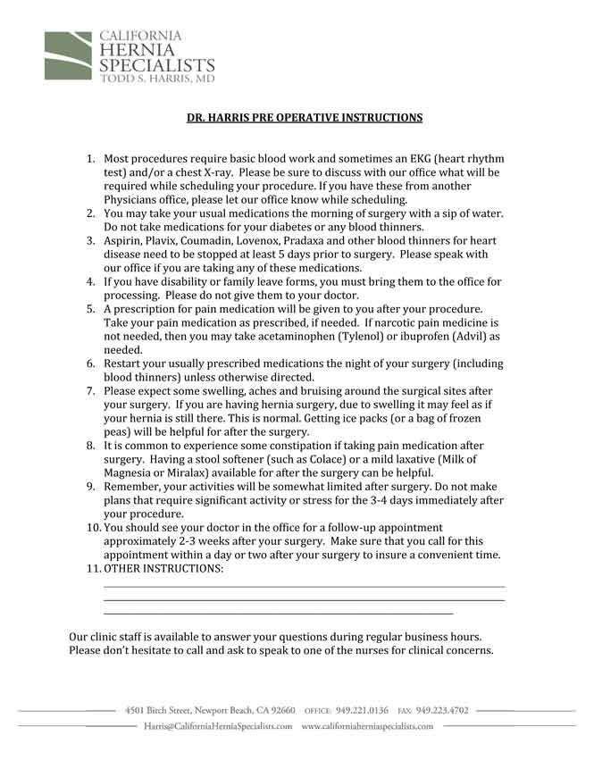 Post Hernia Instructions